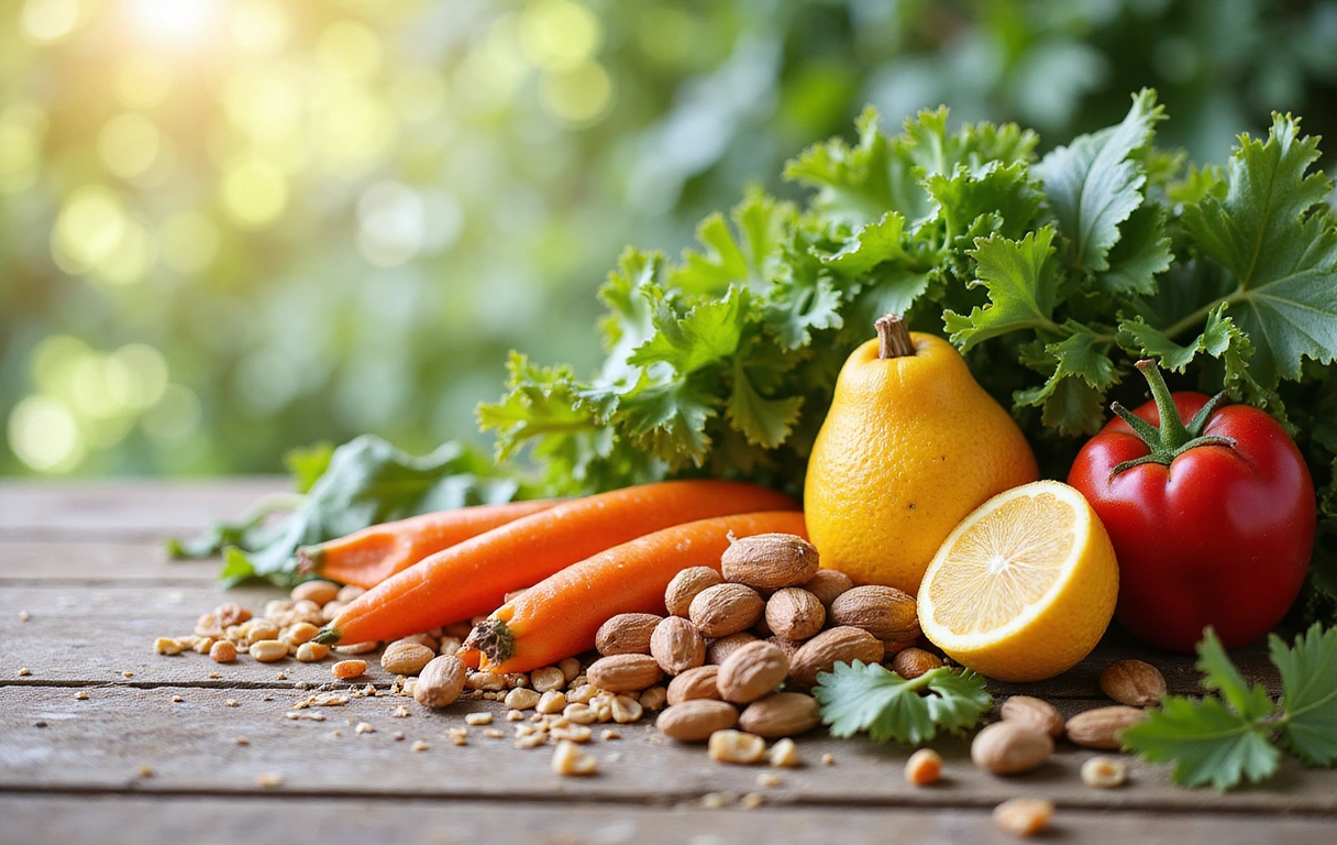 Inspirujący obraz przedstawiający świeże, zdrowe jedzenie, takie jak owoce, warzywa, orzechy i zboża, ułożone w estetyczny sposób na drewnianym stole w jasnym, naturalnym świetle, z delikatnymi liśćmi i ziołami w tle, symbolizujący misję zdrowego odżywiania.