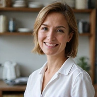 Portret uśmiechniętej dietetyczki w średnim wieku, z profesjonalnym i ciepłym wyrazem twarzy, w tle rozmyte elementy gabinetu dietetycznego, w stonowanych kolorach.