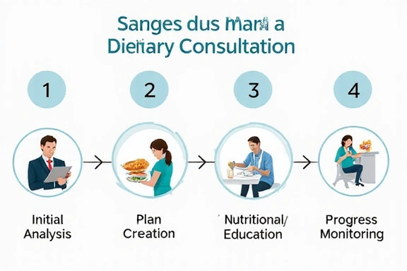 Wykres lub infografika przedstawiająca etapy konsultacji dietetycznej: początkowa analiza, tworzenie planu, edukacja żywieniowa, monitoring postępów i długoterminowe wsparcie, z ikonami symbolizującymi każdy etap.