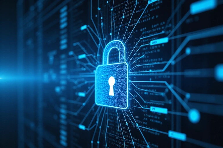 A secure digital lock on a screen with abstract data flows in the background, symbolizing data security and privacy protection.