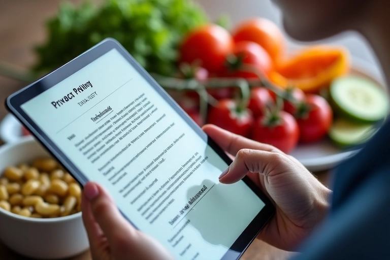 A person reviewing privacy policy documents on a tablet, with a blurred background of a healthy food plate, symbolizing data privacy in health and nutrition.