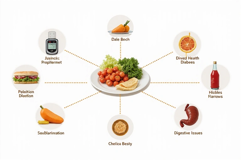 Diagram przedstawiający związek między dietą a zdrowiem, z ikonami symbolizującymi różne schorzenia