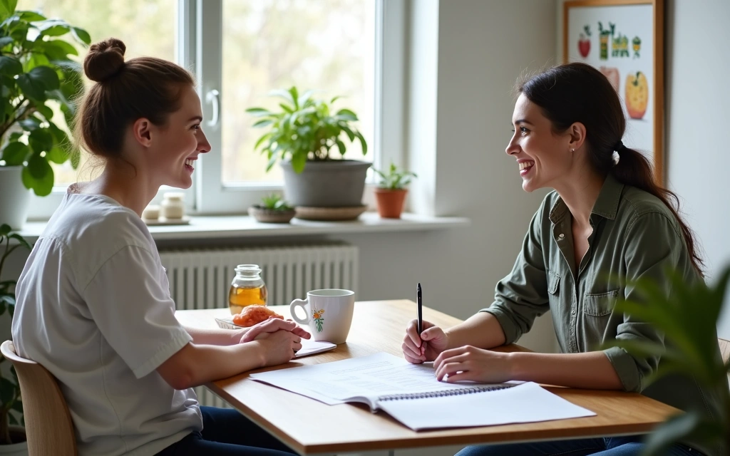 Dietetyk rozmawiający z klientem podczas konsultacji w przyjaznej atmosferze