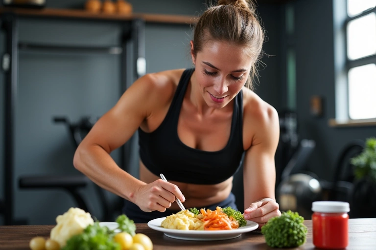 Energetyczny sportowiec spożywający posiłek bogaty w białko i węglowodany