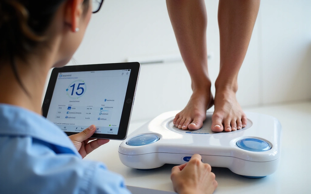 Osoba przechodząca analizę składu ciała na nowoczesnym urządzeniu BIA